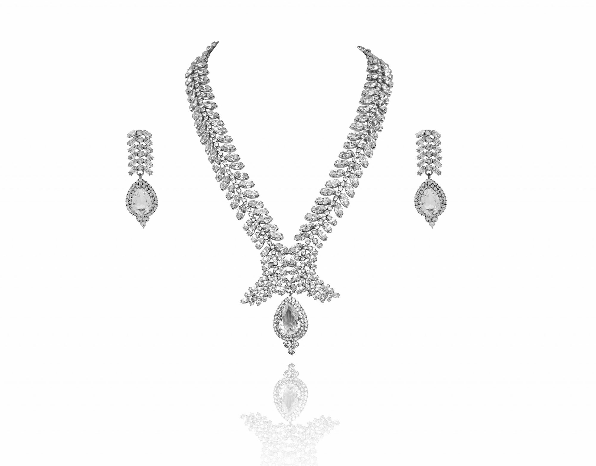 Cynosure white gold plated Necklace & earrings embedded with Fifth Element crystals (NK 010)