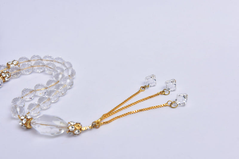 Islamic White Crystal Tasbih (Rosary) Round 33 Beads, Eid Ramadan Religious Gift